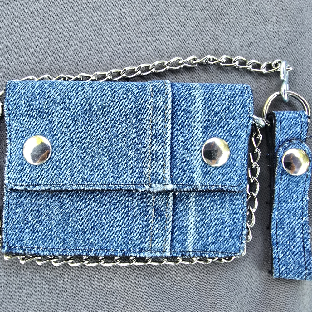 Small Denim & Leather Chain Wallet with Matching Keeper Handcrafted